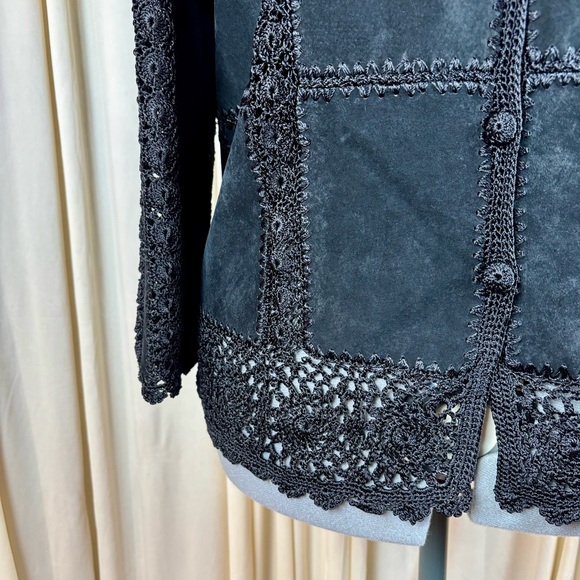 Scully Vintage Suede / Crocheted Black Patchwork Button Dn Boho Cardigan Jacket - Picture 5 of 13